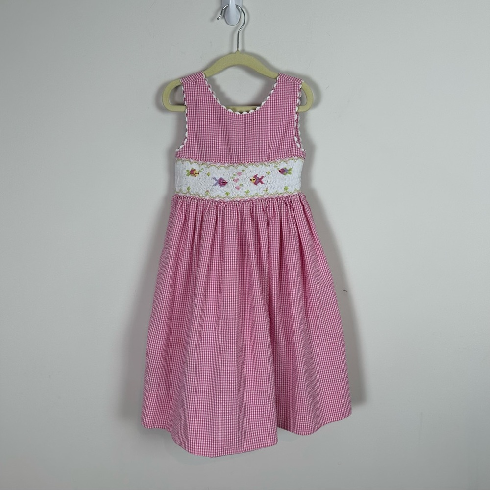 Toddler Girls Fish Swimming Smocked Pink White Gingham Dress Size 4 Vintage